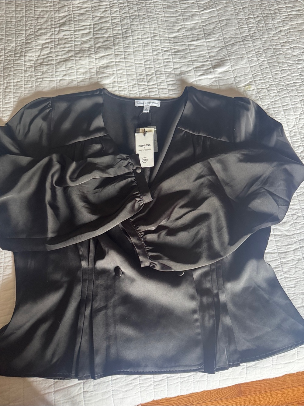 Express Black Satin Button-Up Puff Sleeve Top